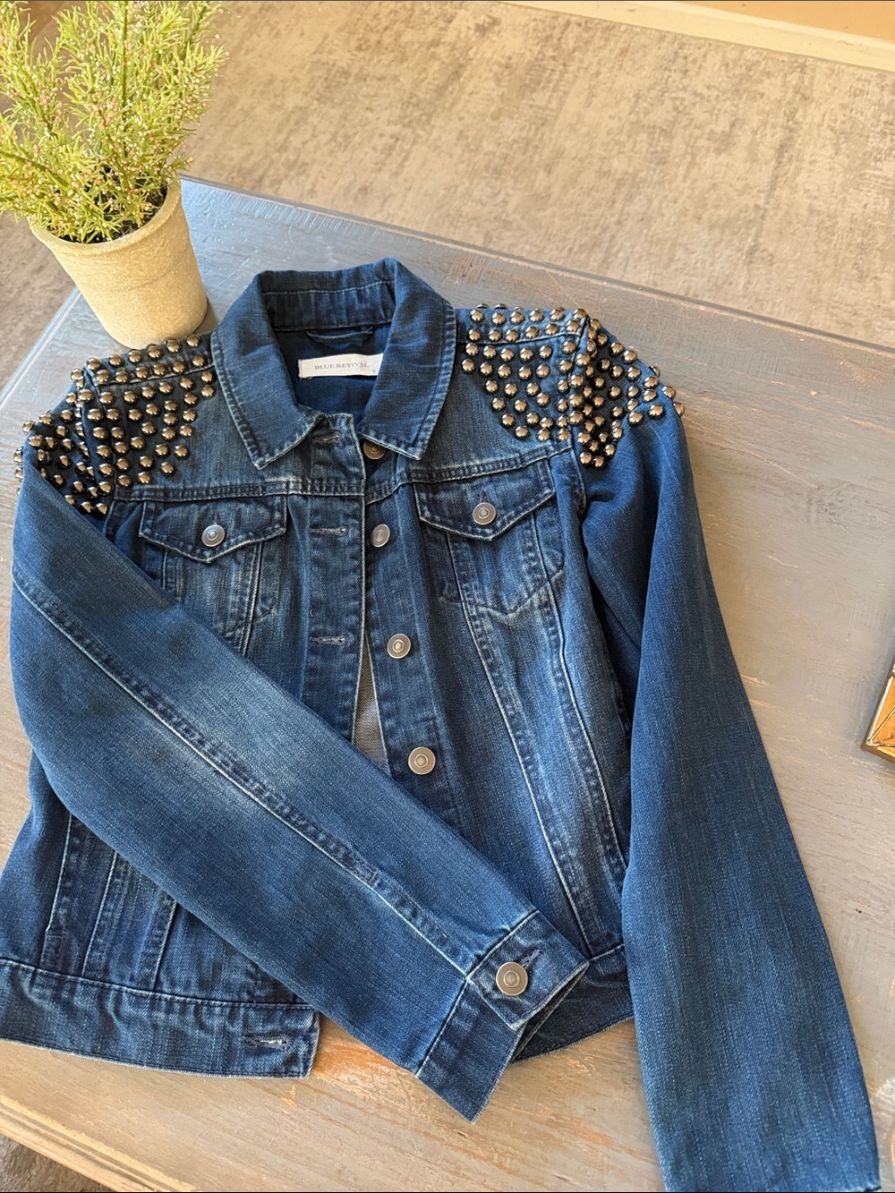 Studded Dark Blue Denim Jacket - Women